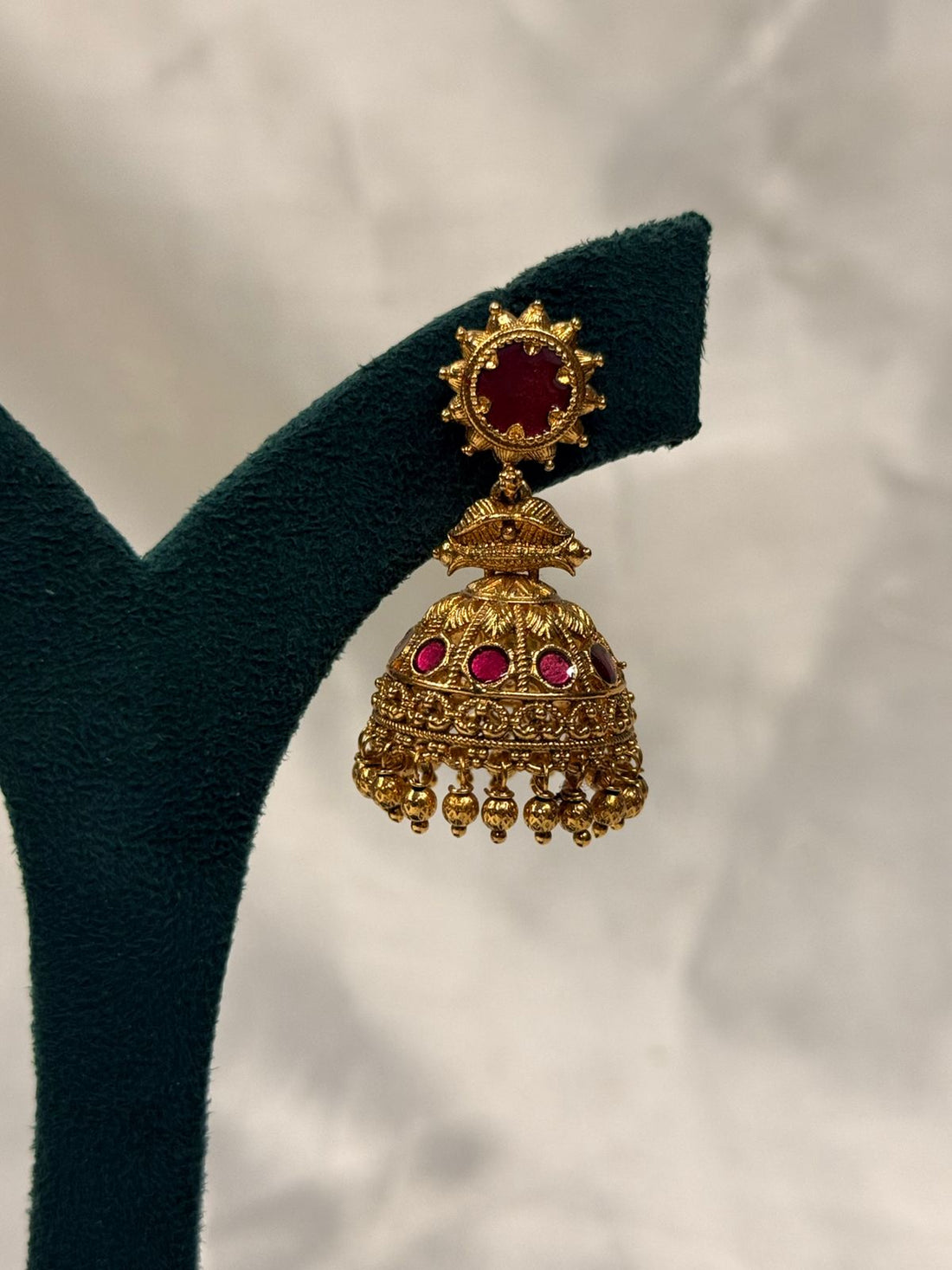 Antique Gold-Plated Sun-Motif Ruby Jhumka,llb746