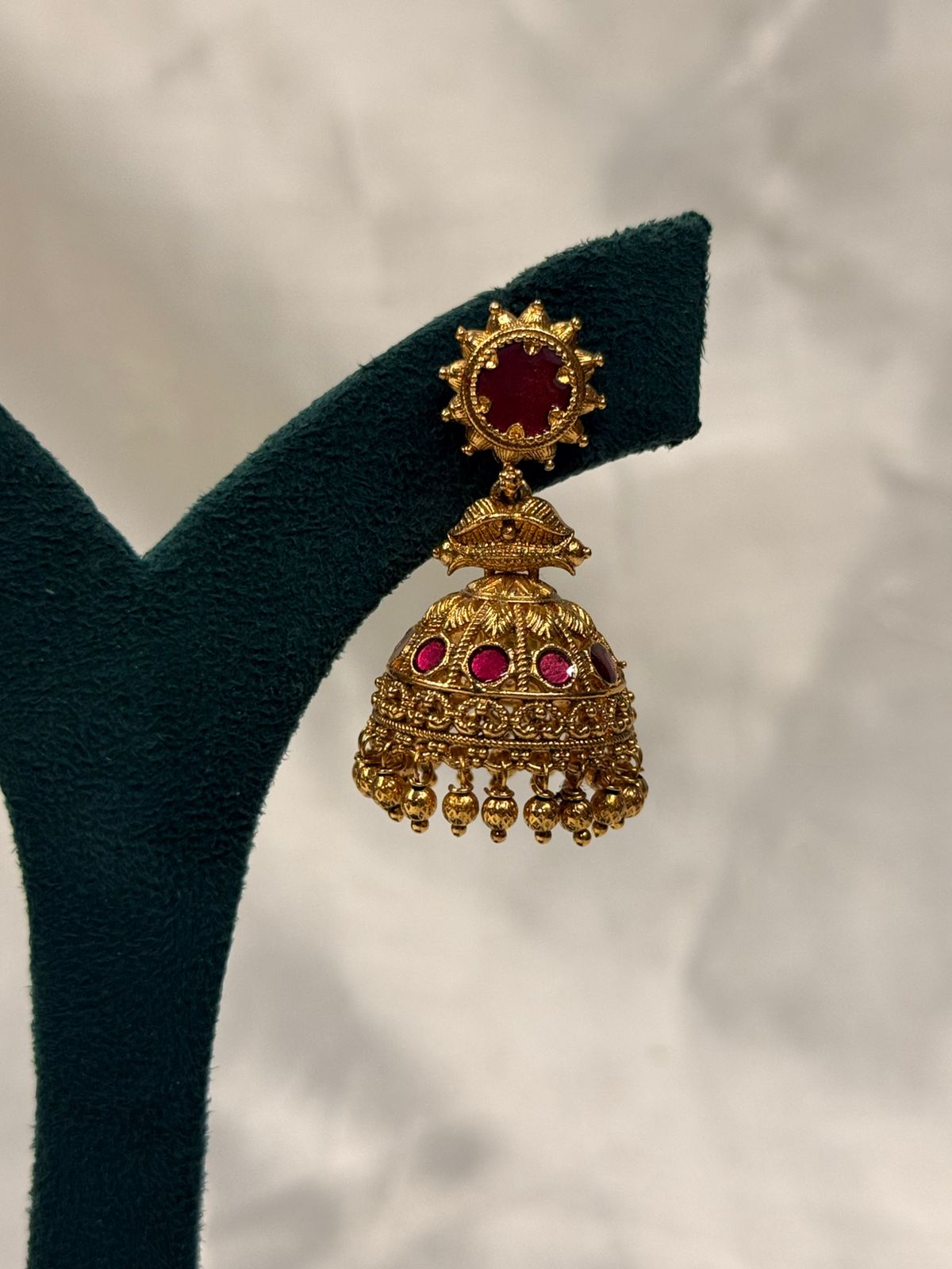 Antique Gold-Plated Sun-Motif Ruby Jhumka,llb746