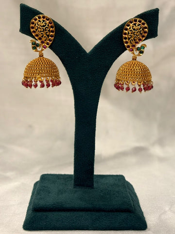 Antique Gold-Plated Filigree Jhumka Earrings with Pearls,llb748
