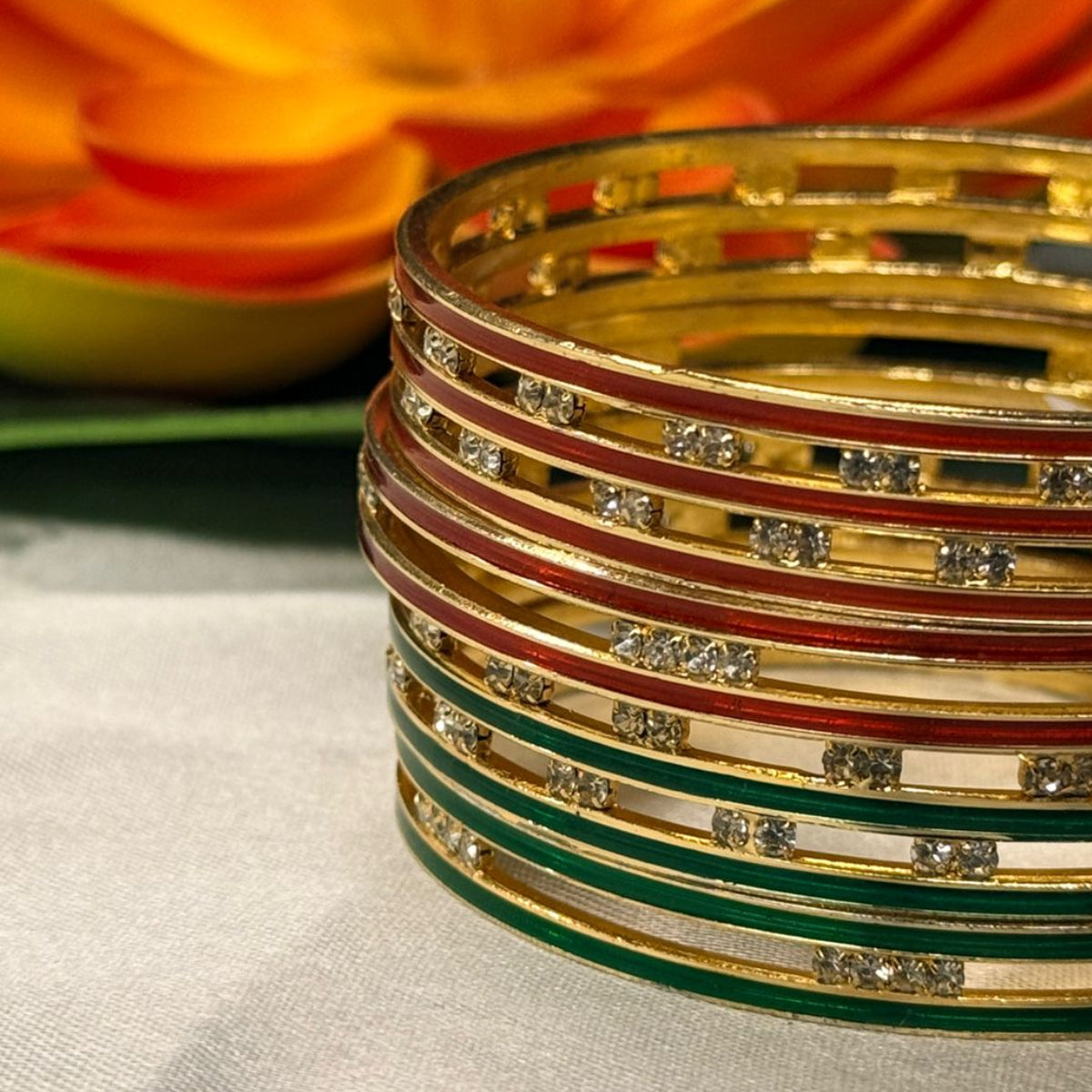 Buy 1 Get 1 free gold plated red&green stone bangle ,llb752