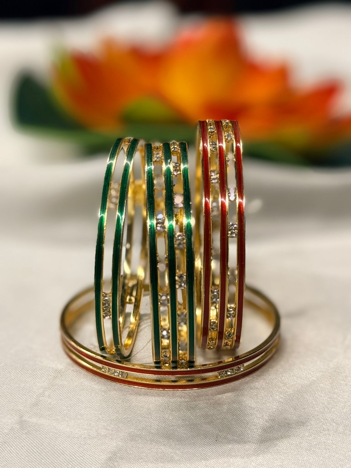 Buy 1 Get 1 free gold plated red&green stone bangle ,llb752
