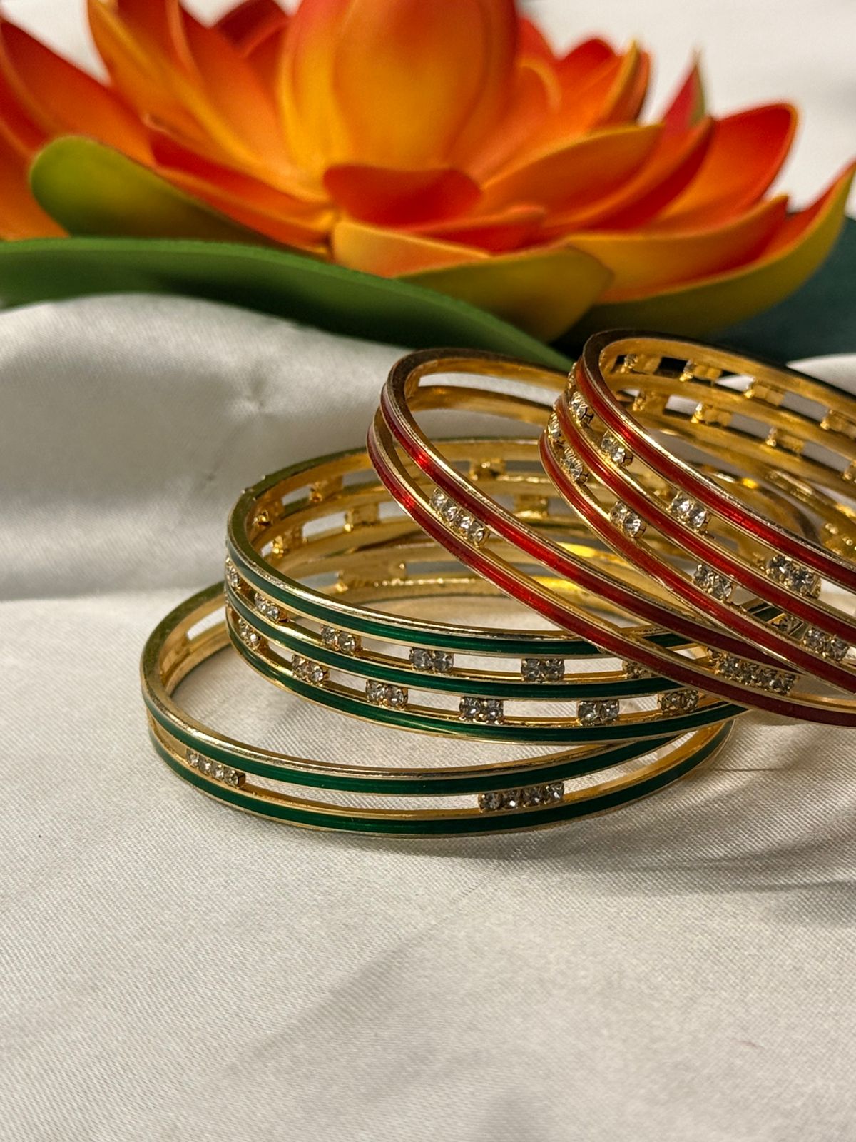 Buy 1 Get 1 free gold plated red&green stone bangle ,llb752