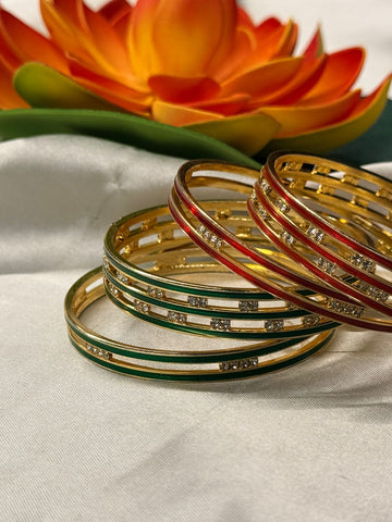 Buy 1 Get 1 free gold plated red&green stone bangle ,llb752