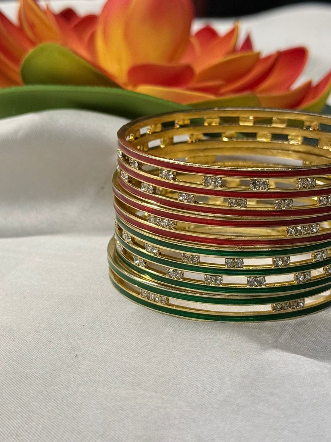 Buy 1 Get 1 free gold plated red&green stone bangle ,llb752