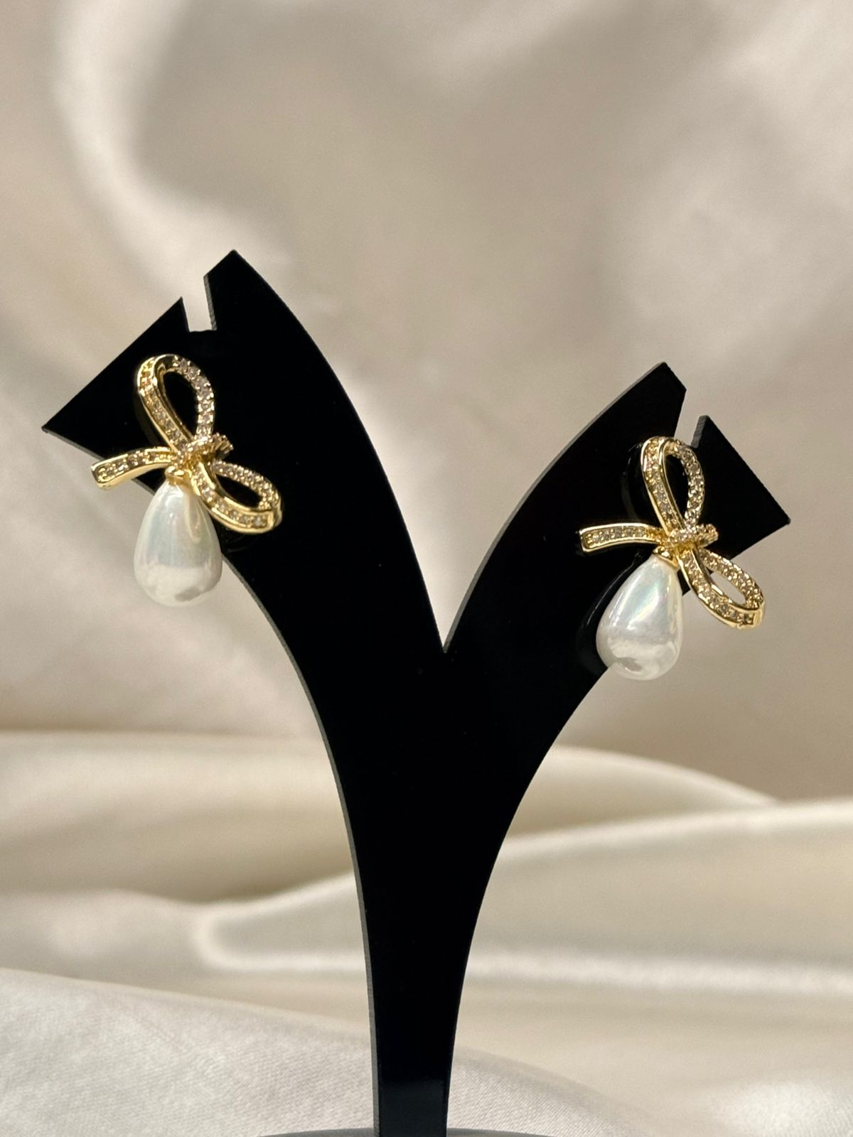 Gold Bow Drop Earrings with Iridescent Pearlescent Charms,llb799