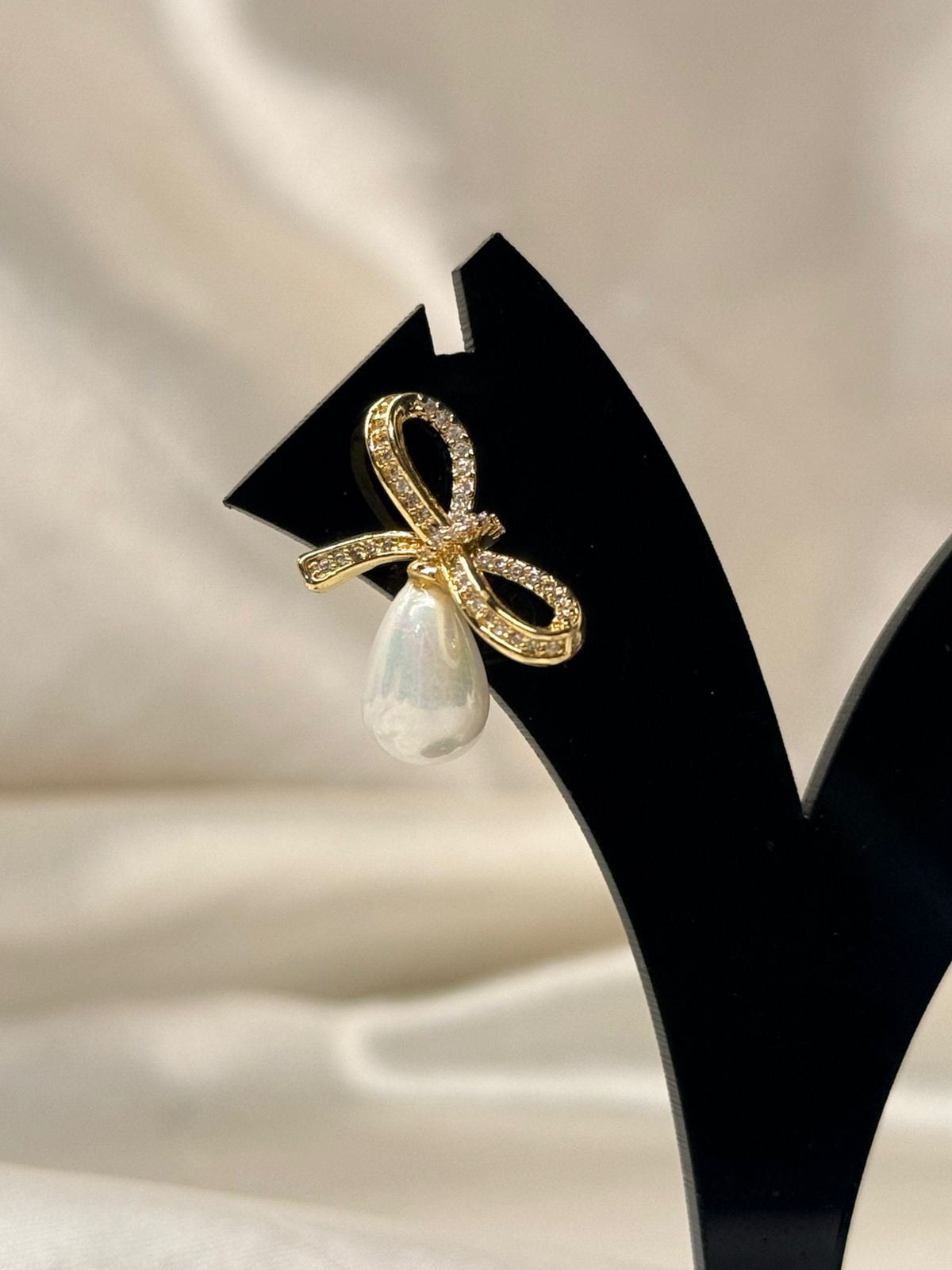 Gold Bow Drop Earrings with Iridescent Pearlescent Charms,llb799