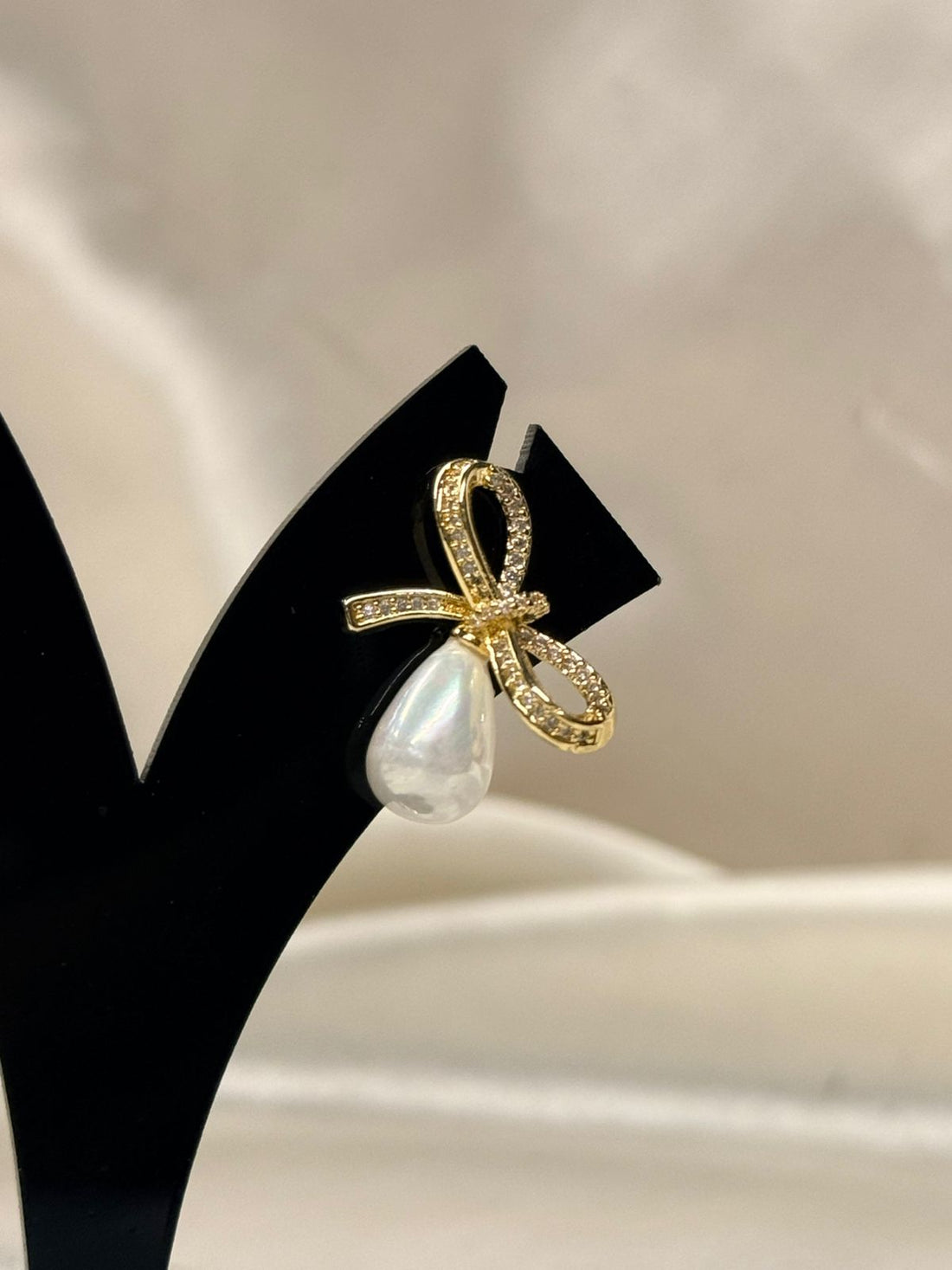 Gold Bow Drop Earrings with Iridescent Pearlescent Charms,llb799