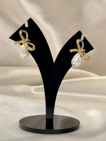 Gold Bow Drop Earrings with Iridescent Pearlescent Charms,llb799