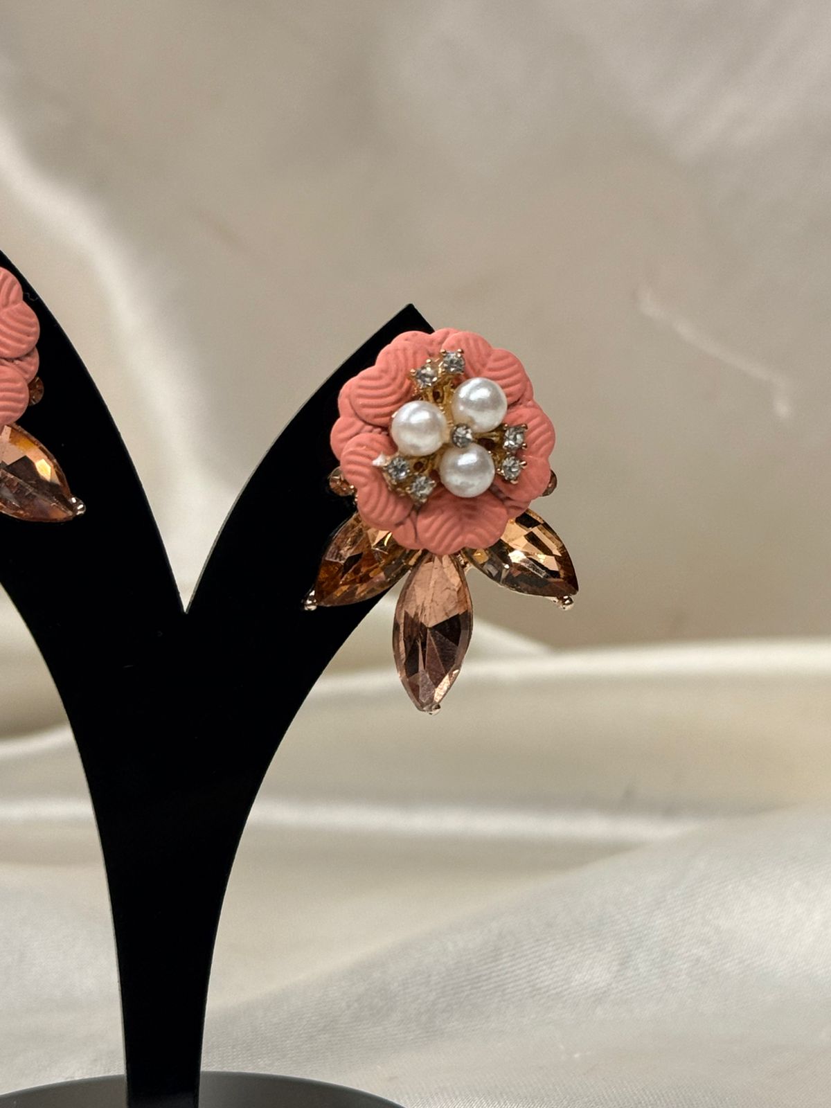 Pink Floral Pearl Crystal Stud Earrings,llb791
