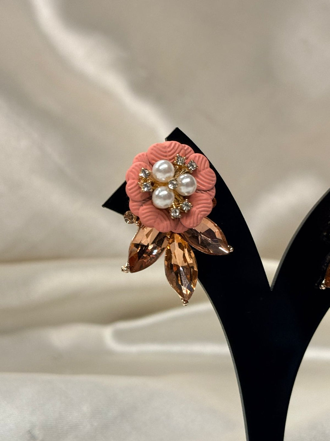 Pink Floral Pearl Crystal Stud Earrings,llb791
