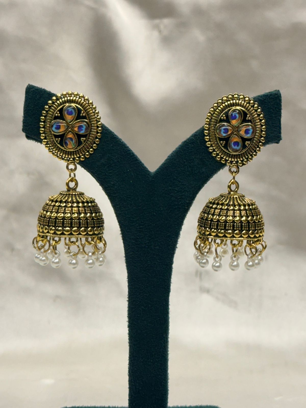 Antique Gold Peacock Stone Jhumka Earrings,llb813