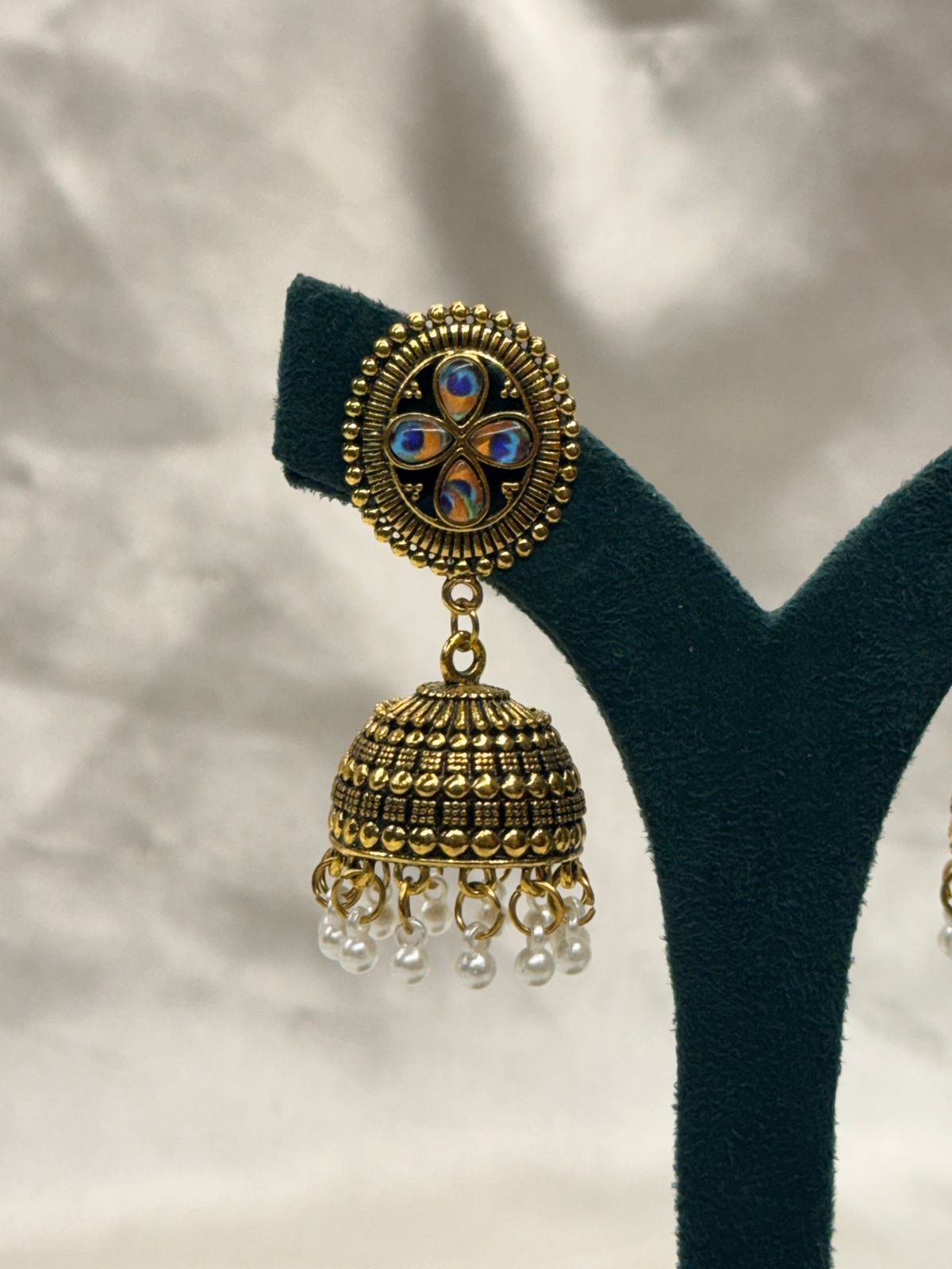 Antique Gold Peacock Stone Jhumka Earrings,llb813