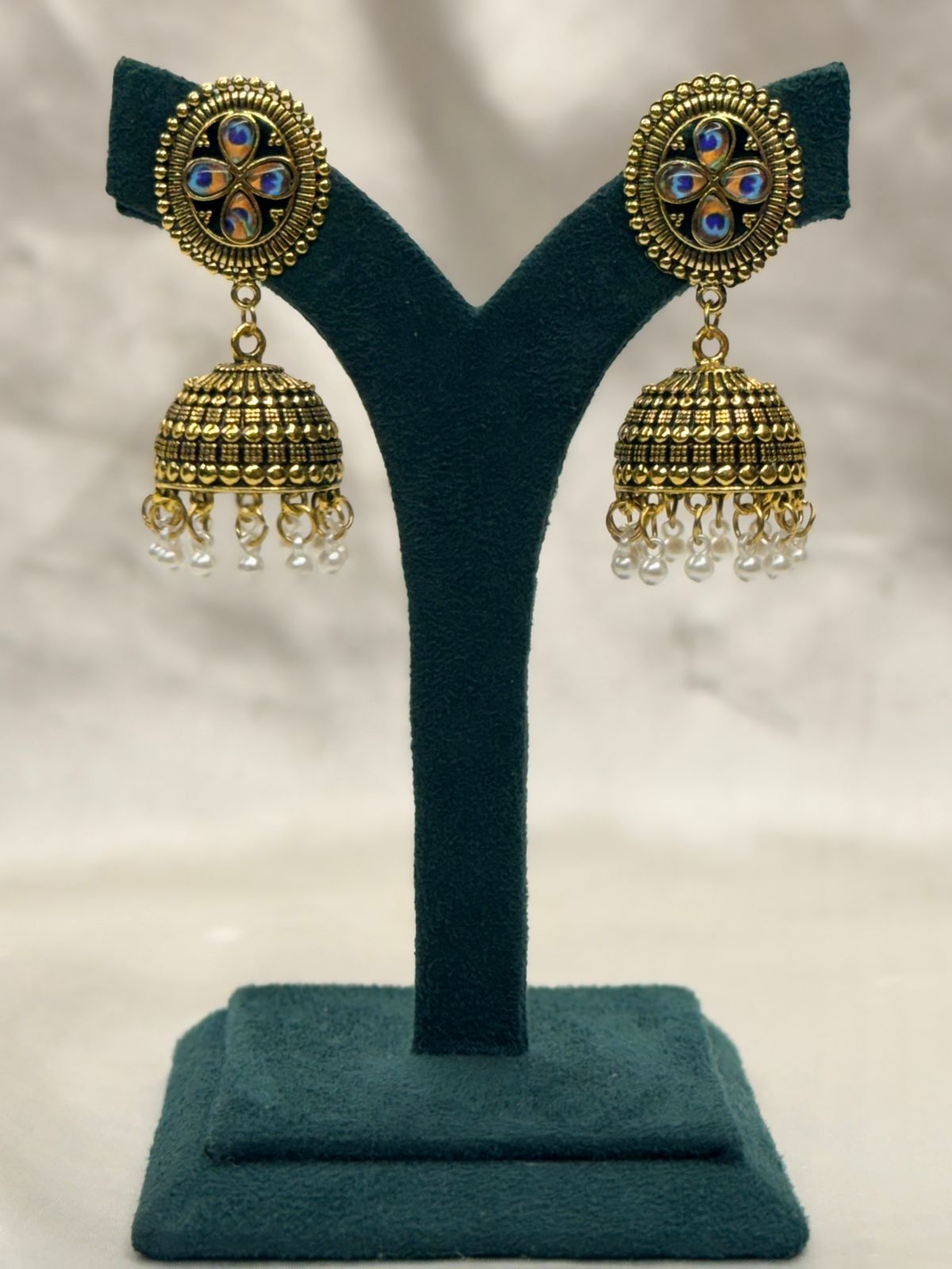 Antique Gold Peacock Stone Jhumka Earrings,llb813