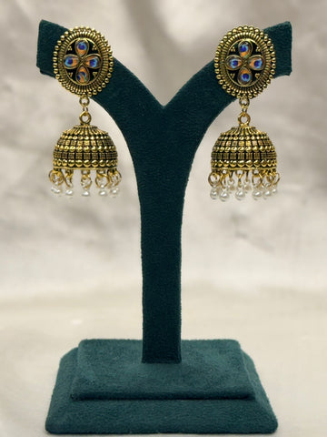 Antique Gold Peacock Stone Jhumka Earrings,llb813