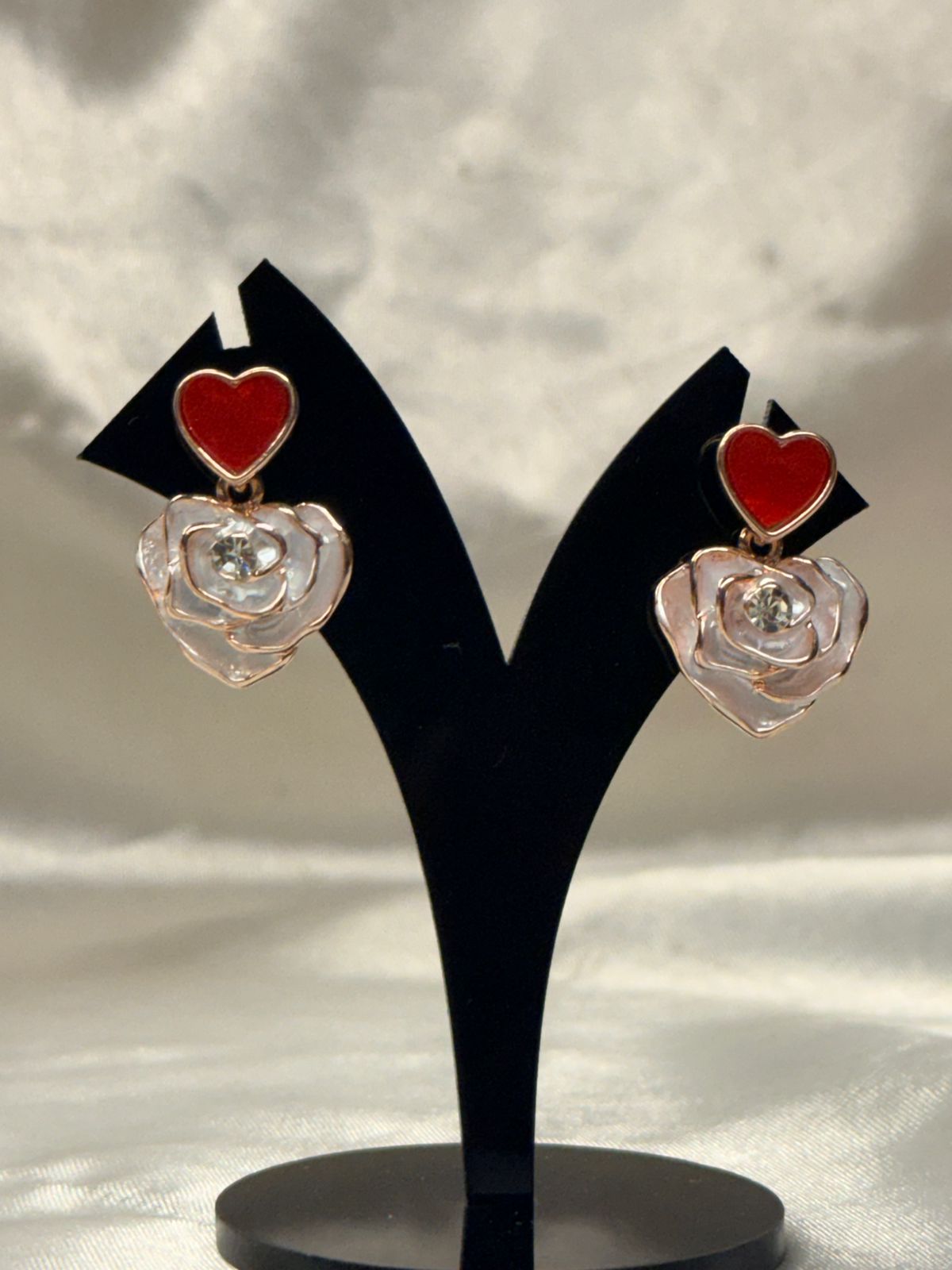 Red Heart & Rose Flower Dangle Earrings,llb841