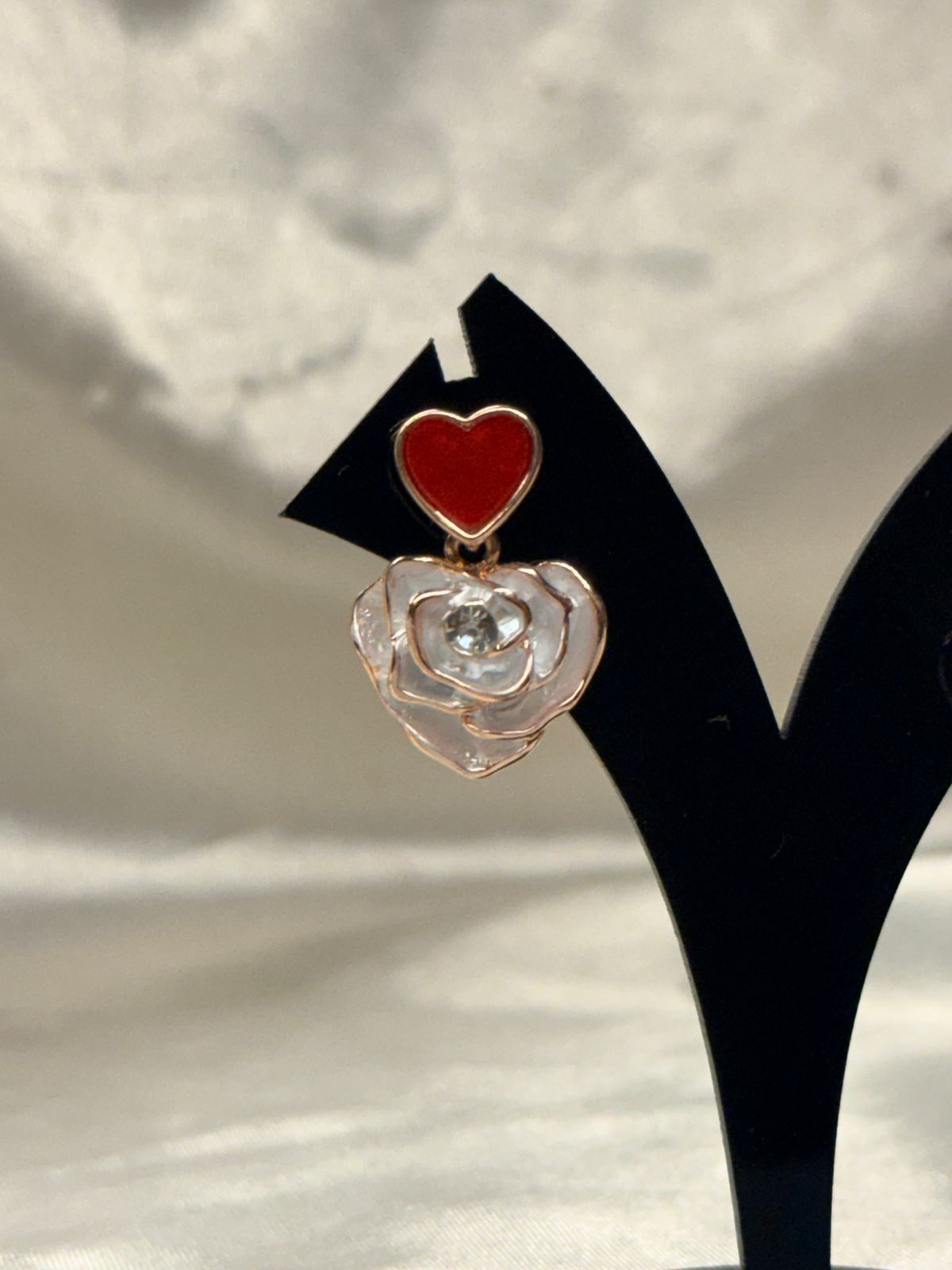 Red Heart & Rose Flower Dangle Earrings,llb841