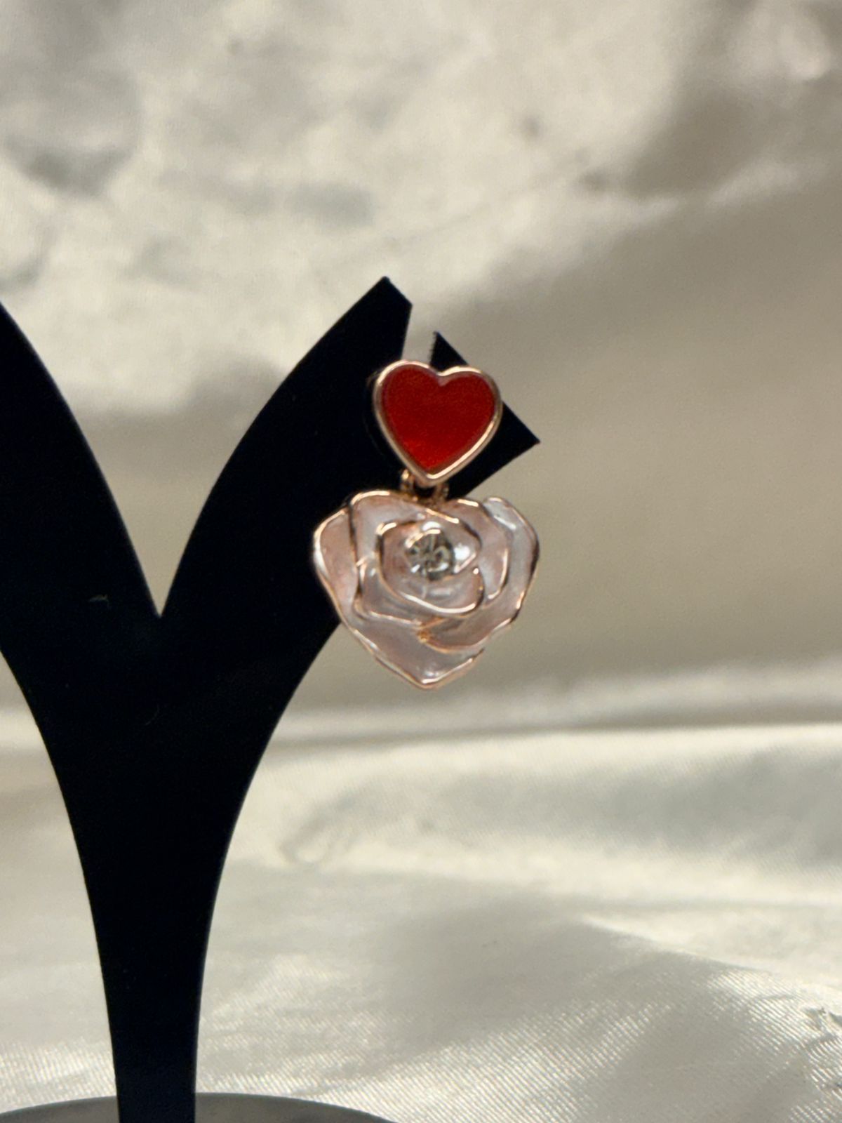 Red Heart & Rose Flower Dangle Earrings,llb841