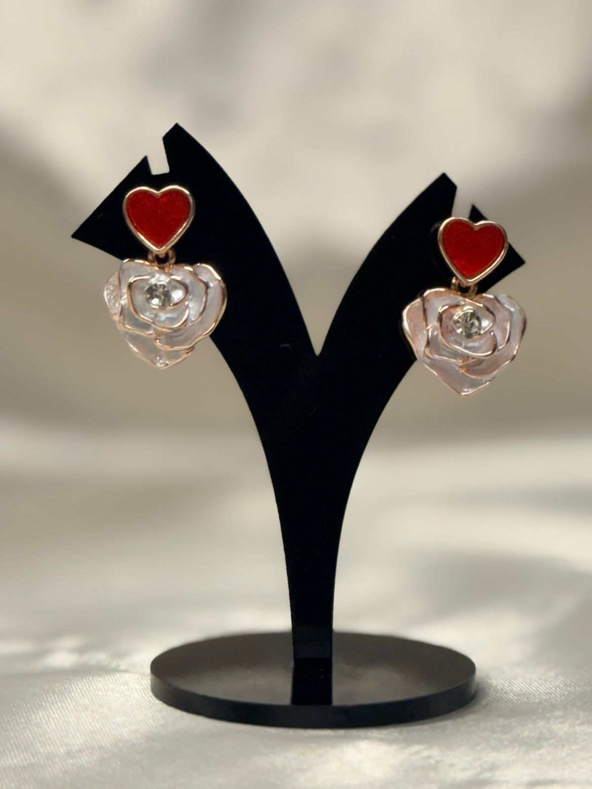 Red Heart & Rose Flower Dangle Earrings,llb841
