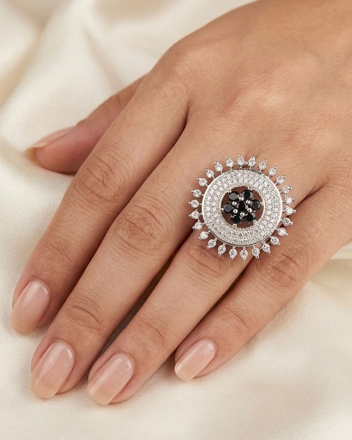 Black Stone Halo Statement Ring,llb868