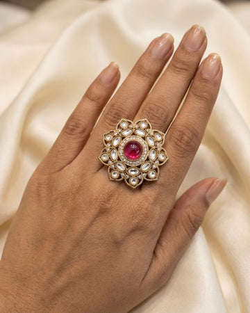 Antique Gold Floral Statement Ring with Ruby Center Stone,llb866