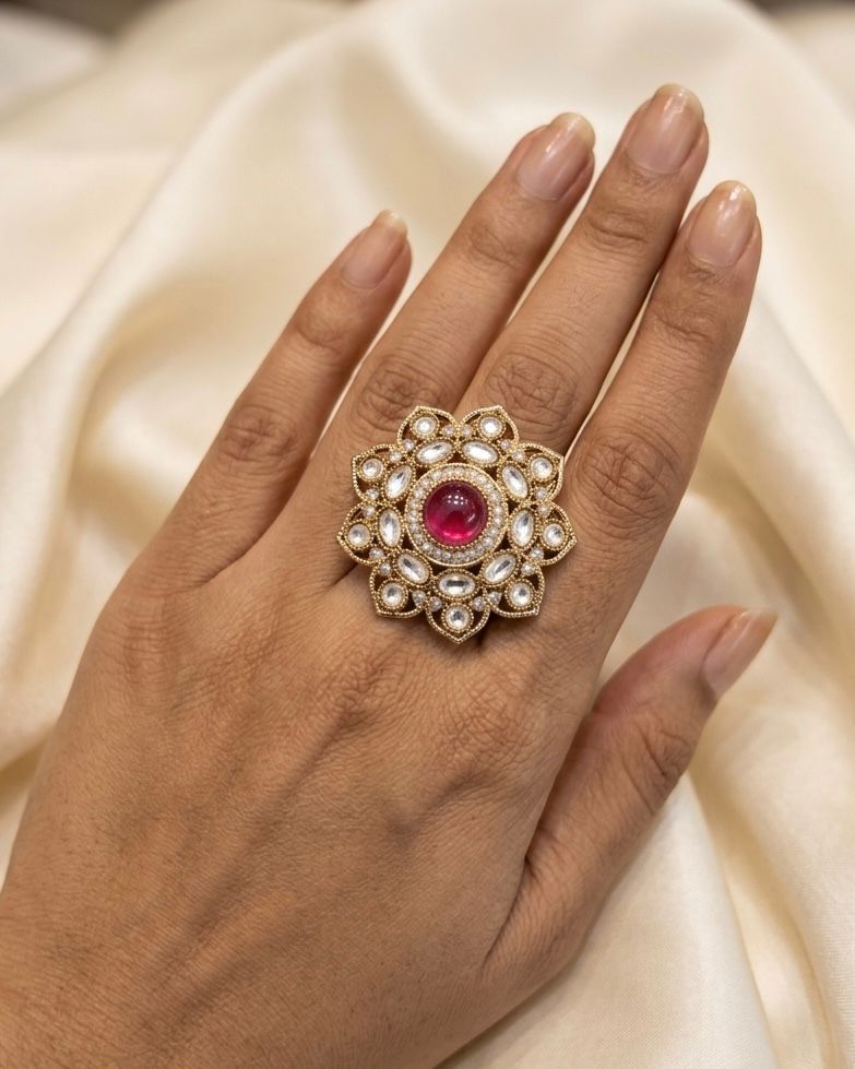 Antique Gold Floral Statement Ring with Ruby Center Stone,llb866