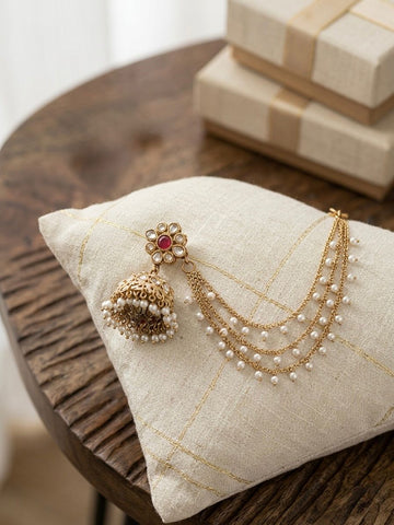 Ruby Kundan Jhumka Earrings with Three-Tiered Pearl Mattil Chains,llb872