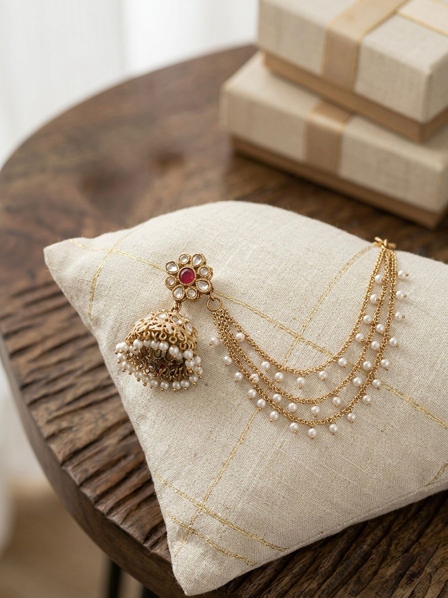 Ruby Kundan Jhumka Earrings with Three-Tiered Pearl Mattil Chains,llb872