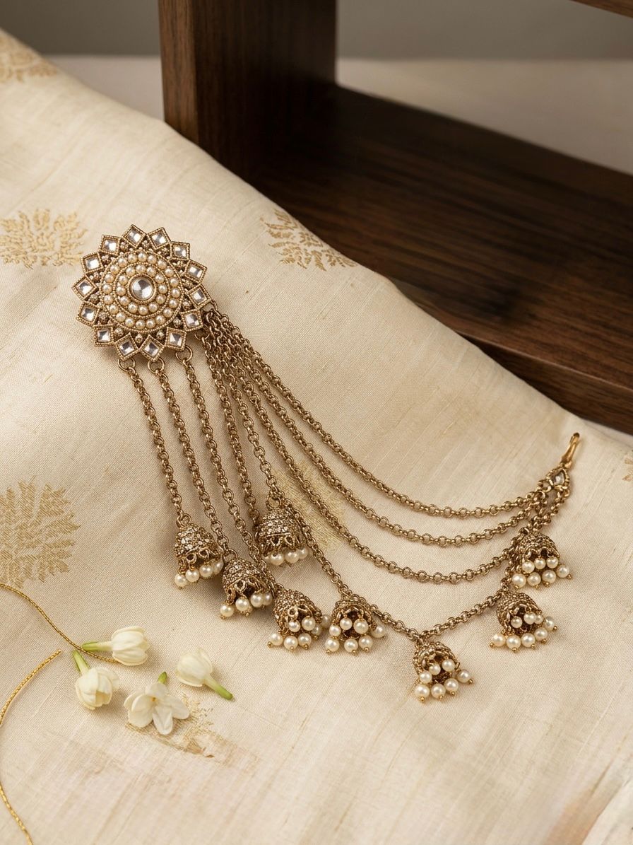 Gold Finish Kundan Earring with Hair Chains,llb871