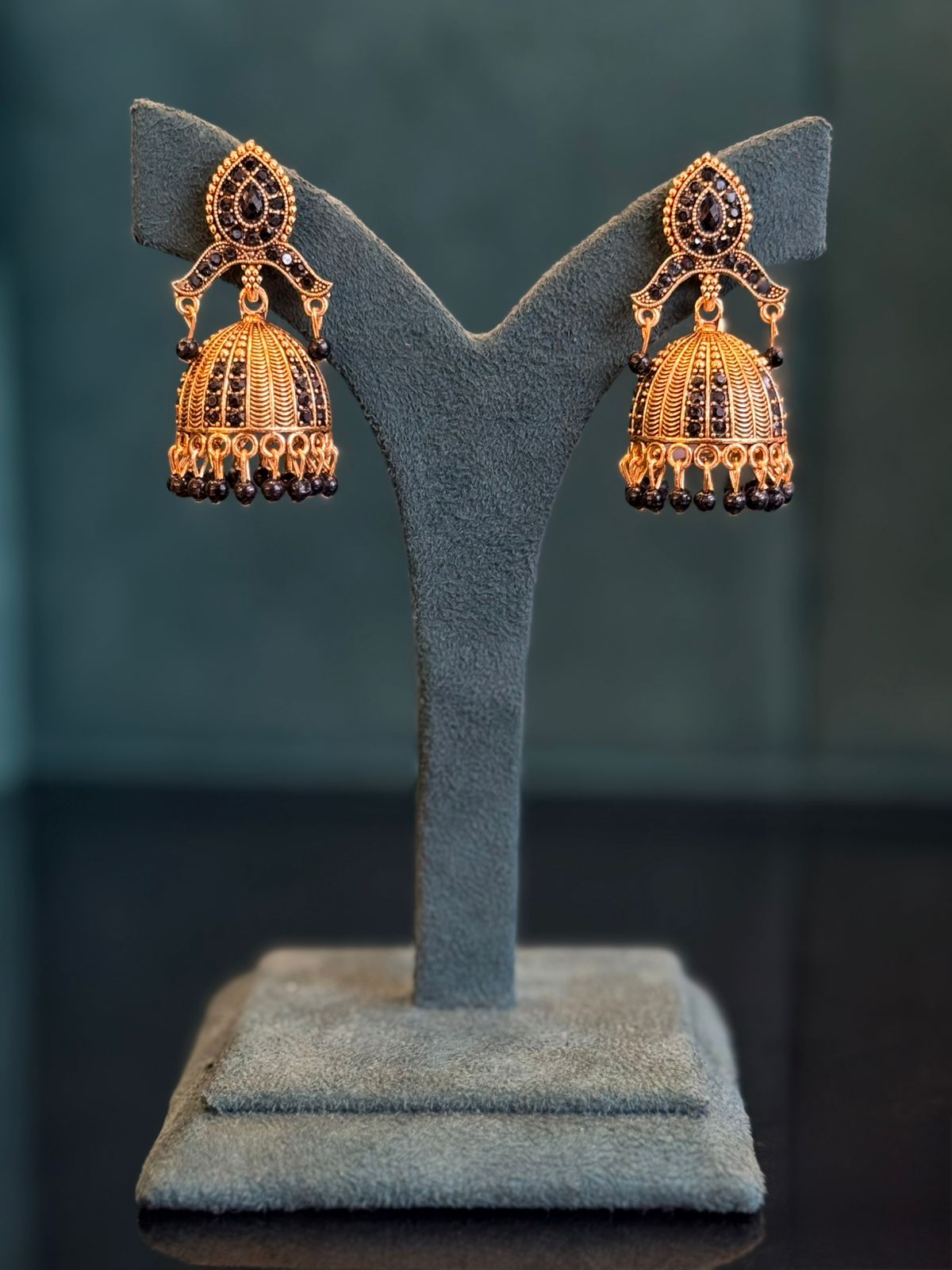 Black Stone Gold Plated Jhumka Earrings,,llb897