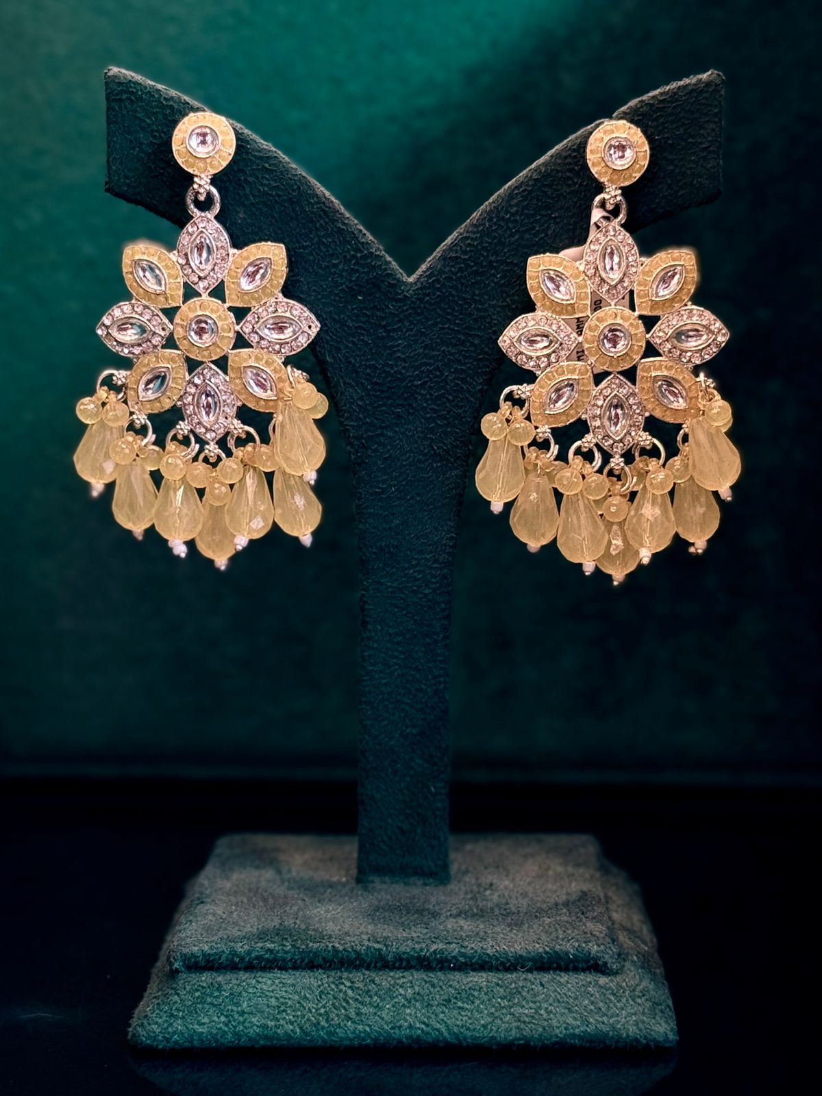 Gold Polki Chandbali Earrings with Cream Bead Drops,llb908
