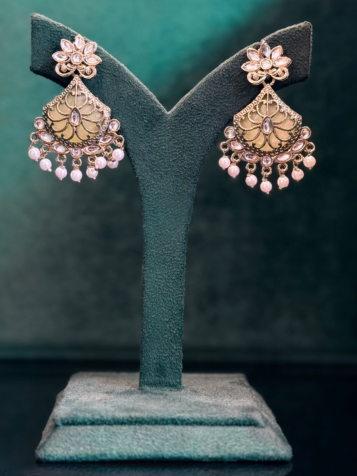 Gold Kundan Chandbali Earrings with Pink Pearl Drops | LLB915