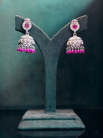 Oxidised Silver Jhumka Earrings with Pink Ruby Beads,llb918