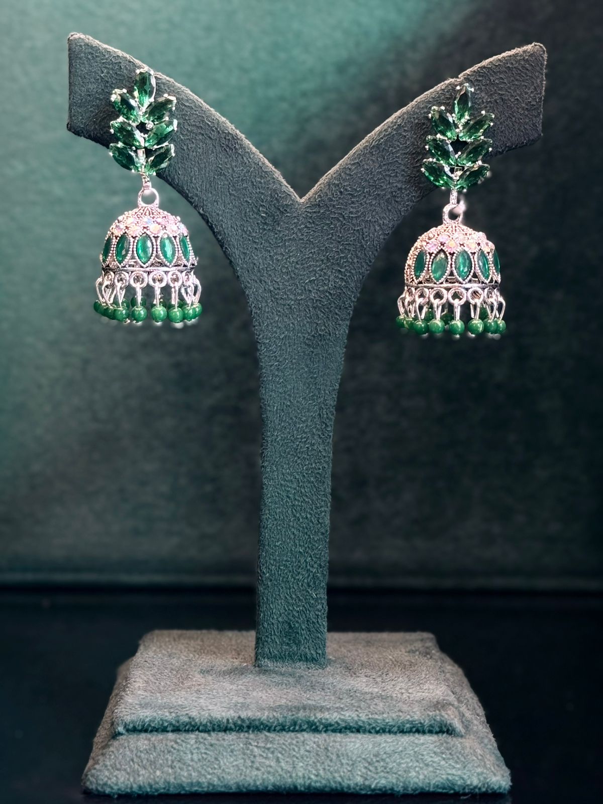 Emerald Green Jhumka Earrings with Crystal Leaf Tops,llb919
