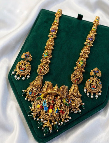 Gold Antique Temple Long Necklace Set | Navarasa Gopuram Pendant,llb923