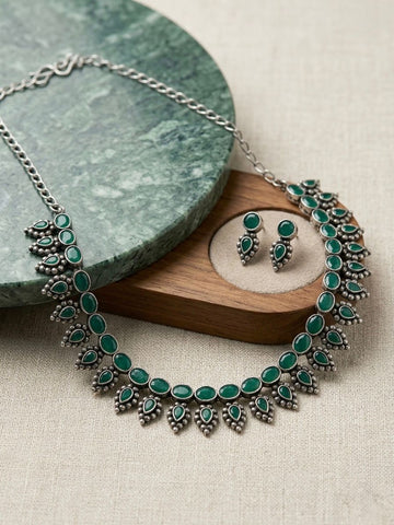 Green Stone Silver Oxidised Necklace & Earring Set,LLB926