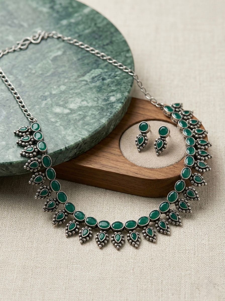 Green Stone Silver Oxidised Necklace & Earring Set,LLB926