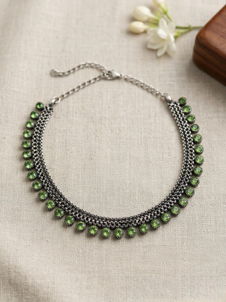 Green Crystal Oxidised Silver Multi-Chain Choker Necklace,LLB931