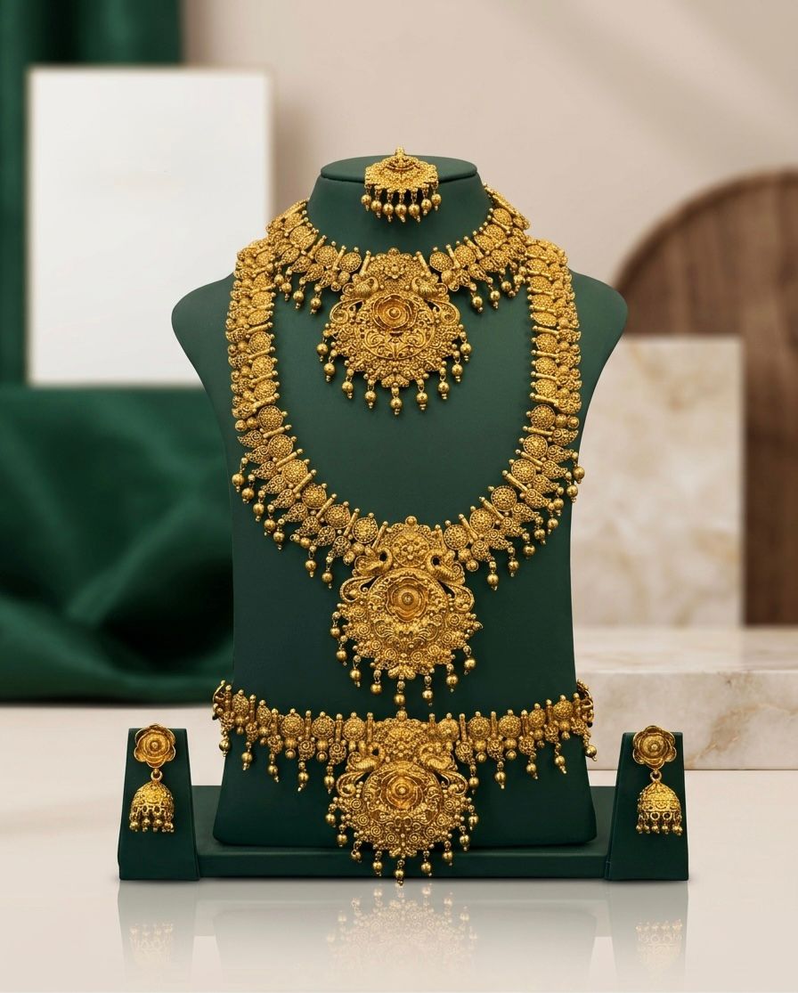 Gold Antique Bridal Jewellery Set – Choker, Haram, Vaddanam, Jhumka & Tikka,LLB933