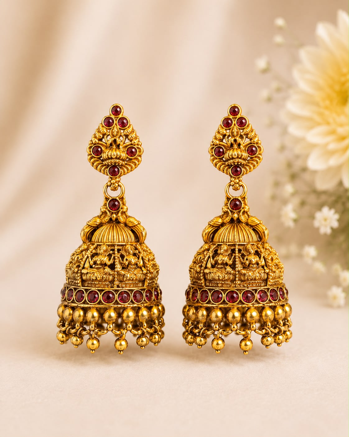 Temple Gold Jhumka Earrings with Ruby Stones | LLB0161