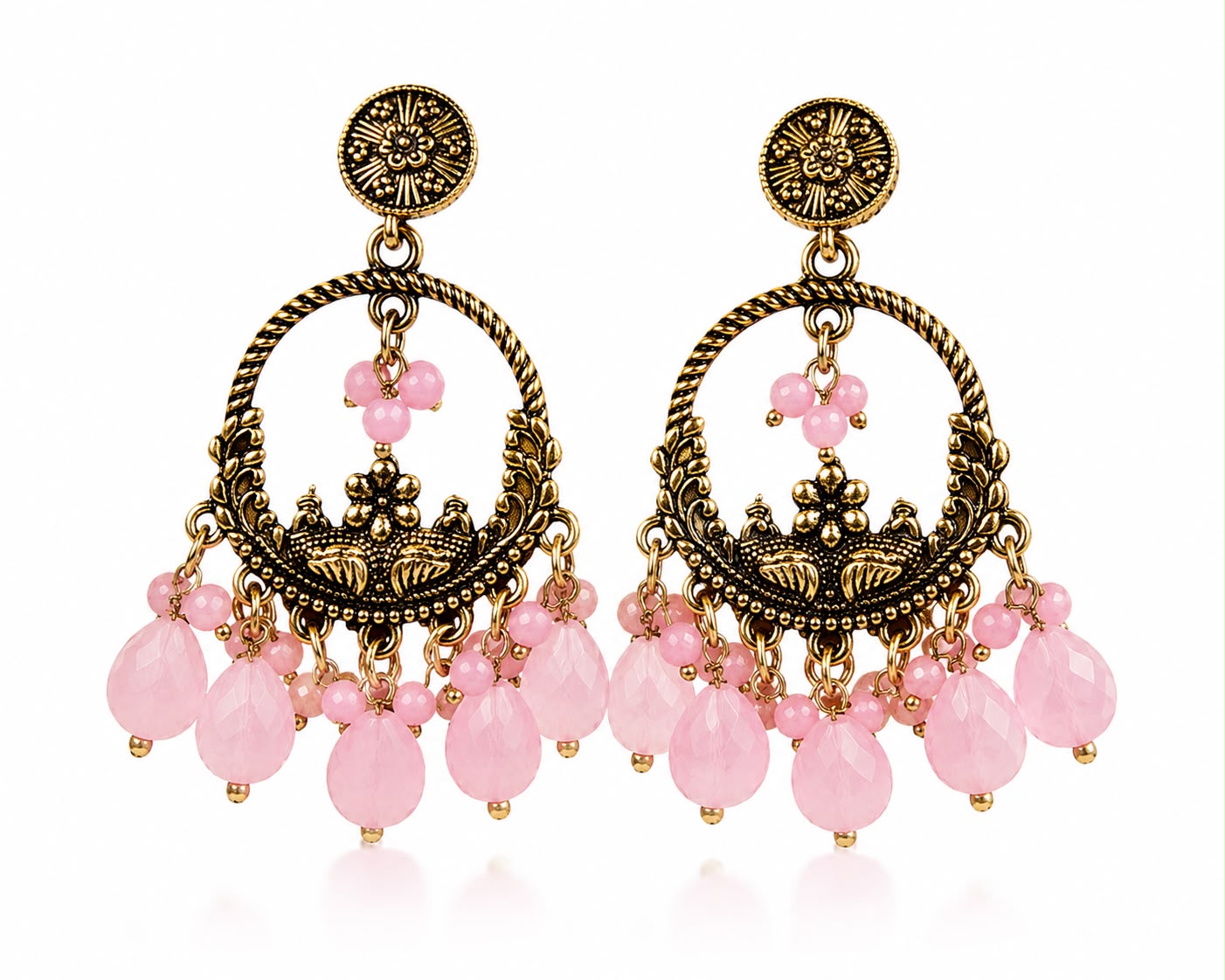 Antique Gold Baby Pink Crystal Chandbali Earrings | LLB0162