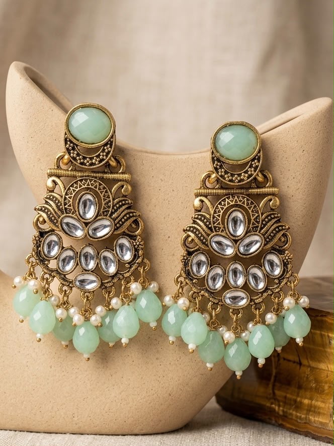 Kundan Mint Green Crystal Drop Chandbali Earrings | LLB0163