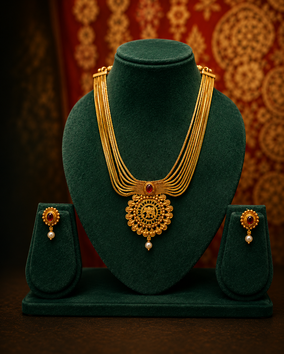 Gold Multi-Strand Snake Chain Necklace Set with Nakshi Pendant | OL 29