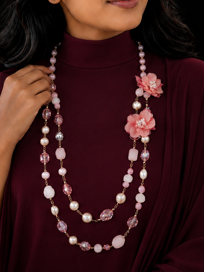 Double-Strand Pink Rose Quartz & Pearl Floral Necklace | T302602077
