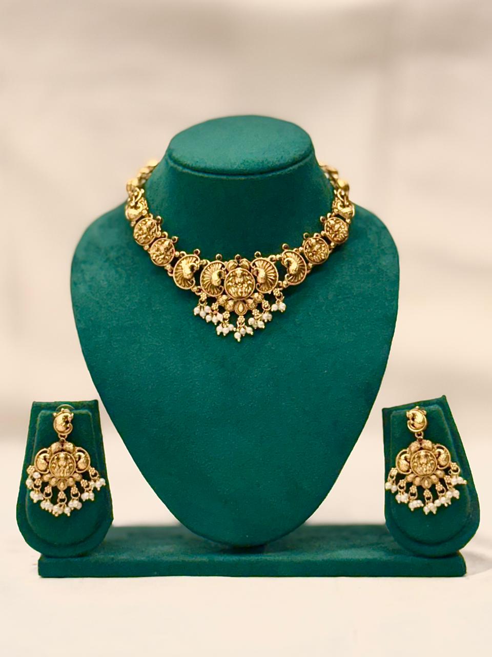 Gold Nakshi Lakshmi Peacock Coin Choker Necklace Set | OL 32