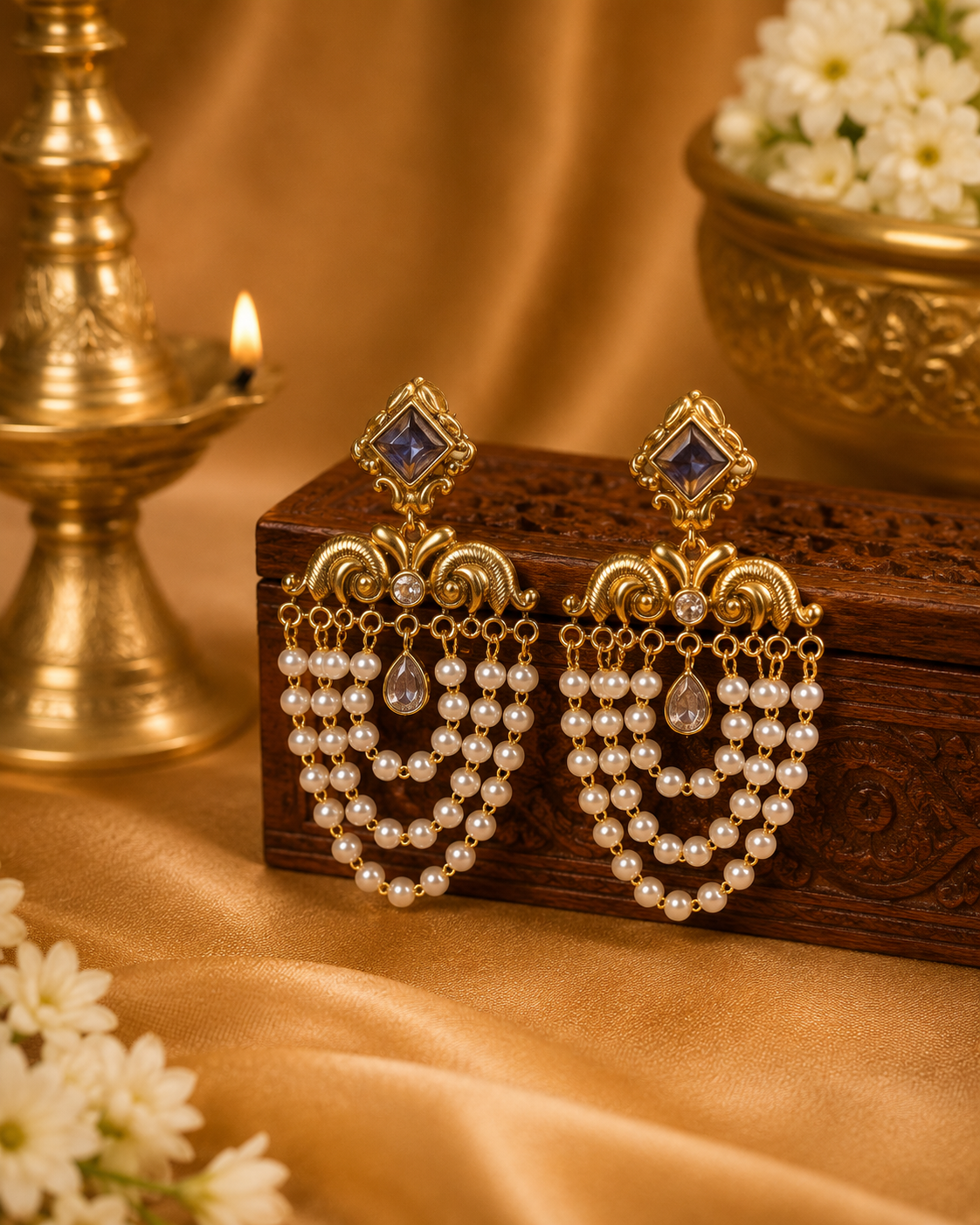 Gold Kundan Pearl Chandelier Earrings with Multi-Strand Drops | OL205