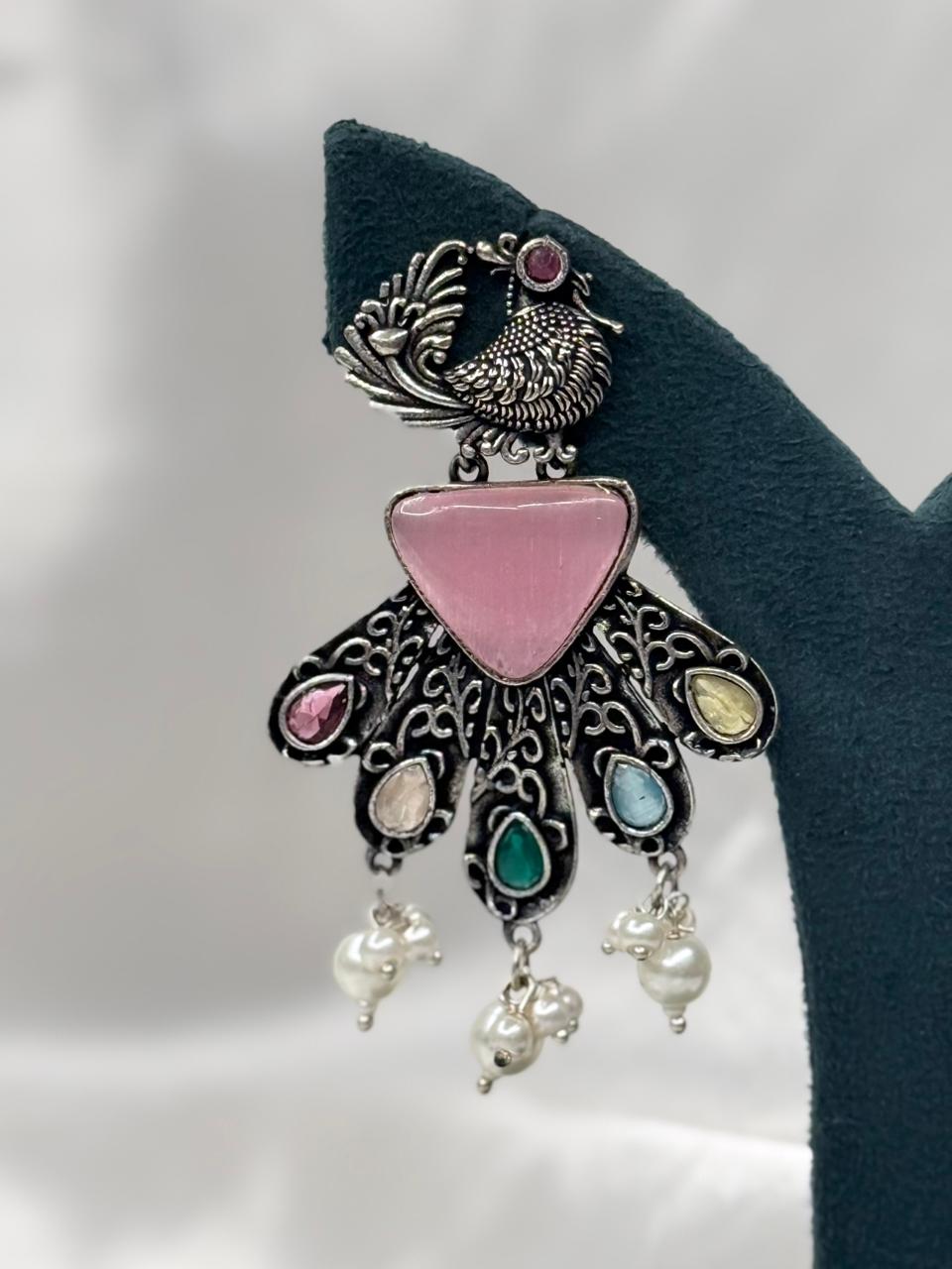 Oxidized Silver Peacock Earrings with Pink Stone & Pearl Drops,llb591