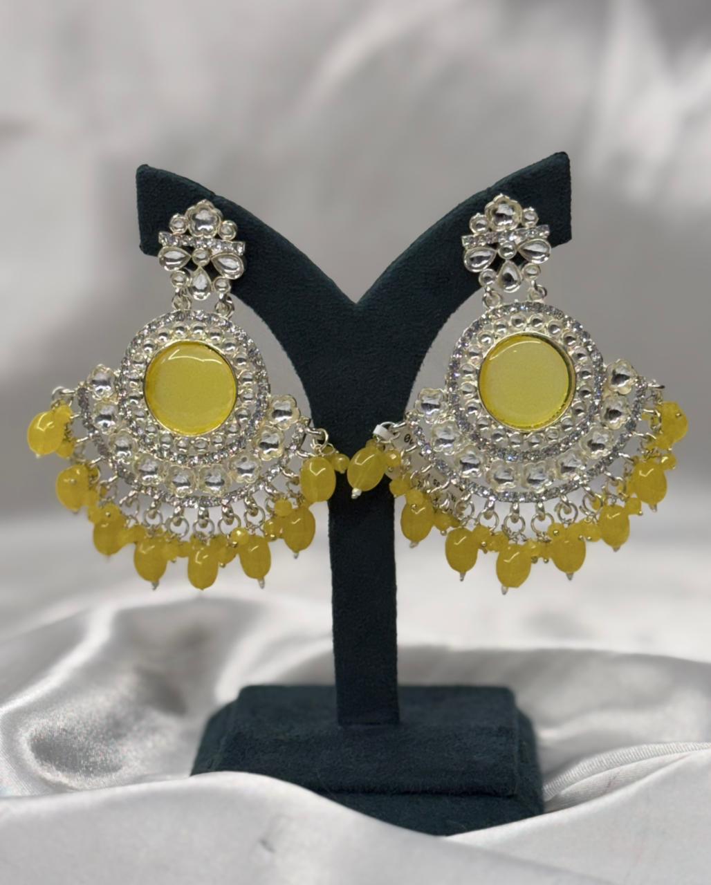 Gold Plated Kundan Chandbali Earrings with Yellow Stone,llb590