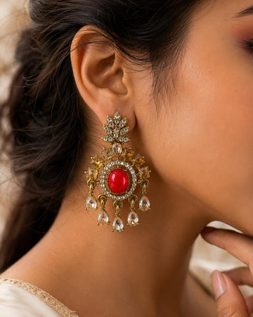 Red Cabochon Antique Gold Chandelier Earrings | llb0128