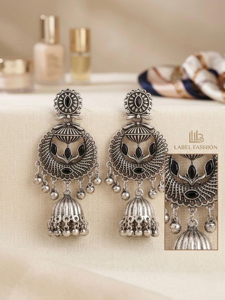 Oxidised Silver Chandbali Jhumka Earrings with Black Onyx Stones & Silver Ghungroo Drops | llb0130