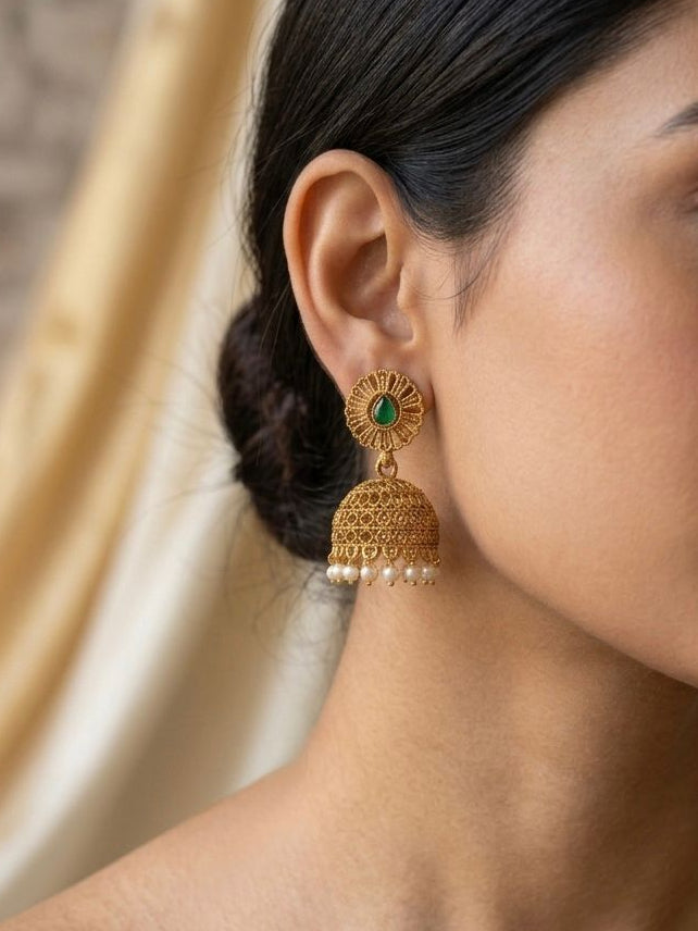 Antique Gold Jhumka Earrings | Green Stone & Pearl Drops | llb0135